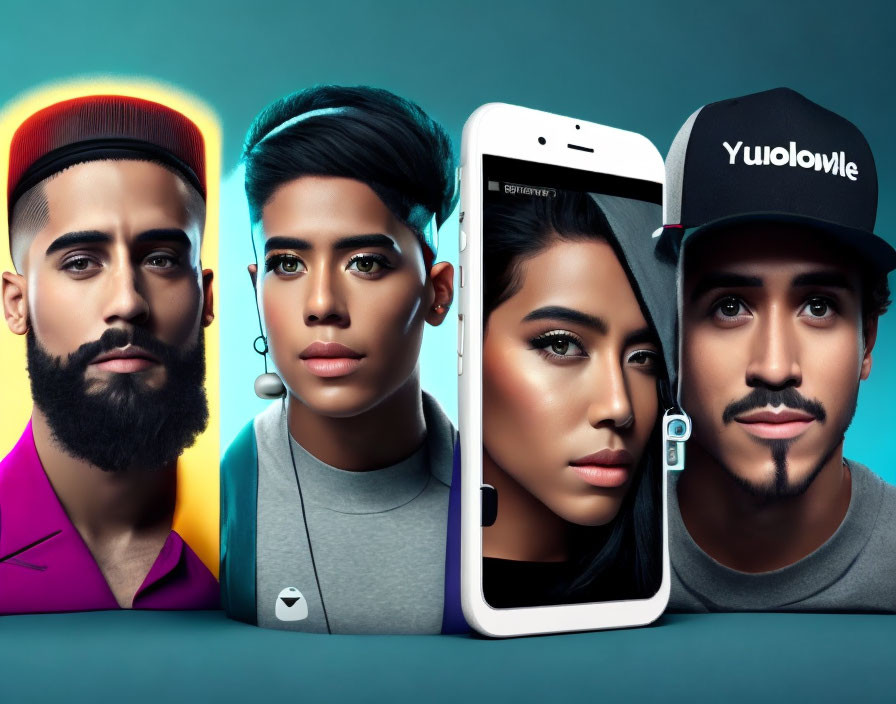 Illustrated characters with stylish hairstyles and modern attire on smartphone screen against blue background