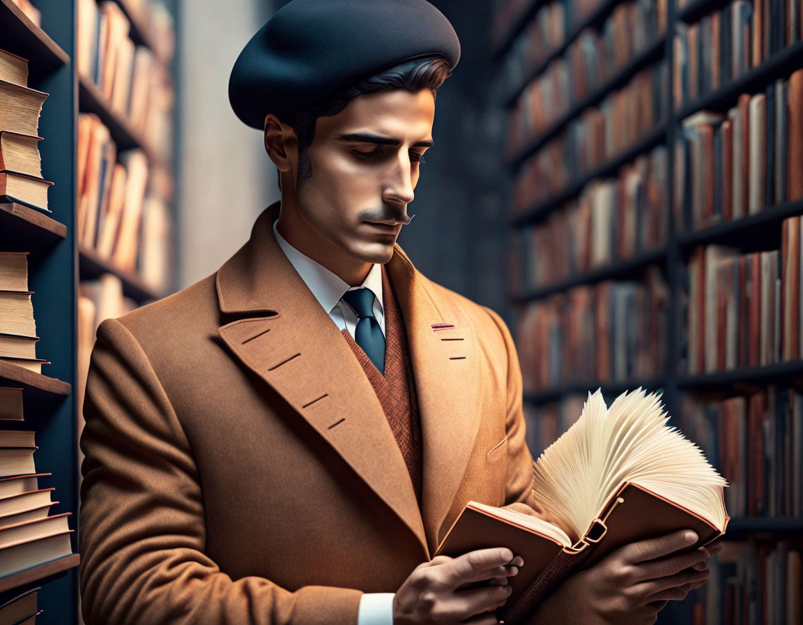 Man in Brown Coat and Beret Reading Book in Library