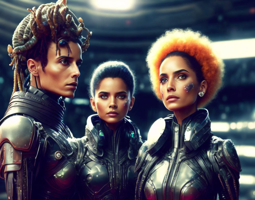 Three individuals in futuristic attire with unique hairstyles in high-tech setting