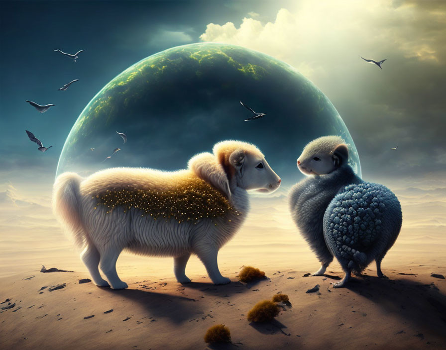 Fantasy Sheep and Penguin Creatures under Giant Planet in Dreamy Sky