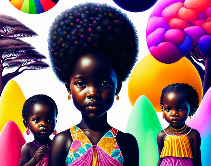 Colorful artwork: Three children with afro hairstyles on vibrant background.