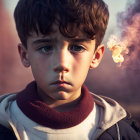 Serious young boy with curly hair and deep eyes in hoodie outdoors with small flame