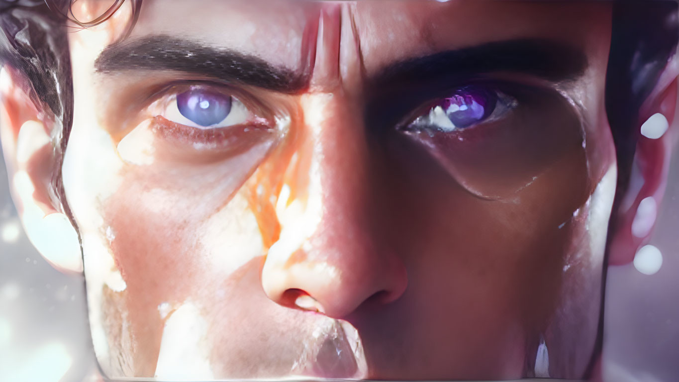 Detailed digital artwork of a man's intense blue-eyed gaze and furrowed brow.