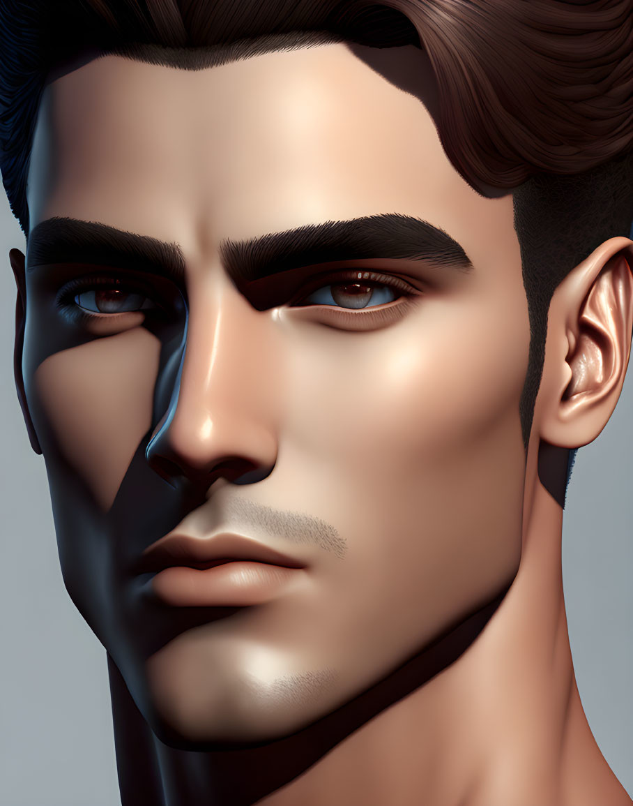 Detailed 3D rendered male face with strong jawline and dark hair