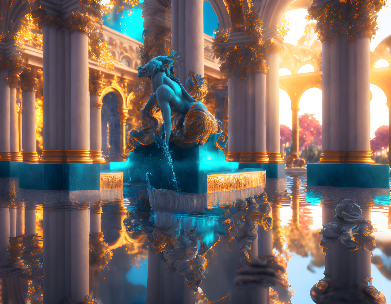 Blue Horse Statue Fountain in Grand Hall with Classical Architecture