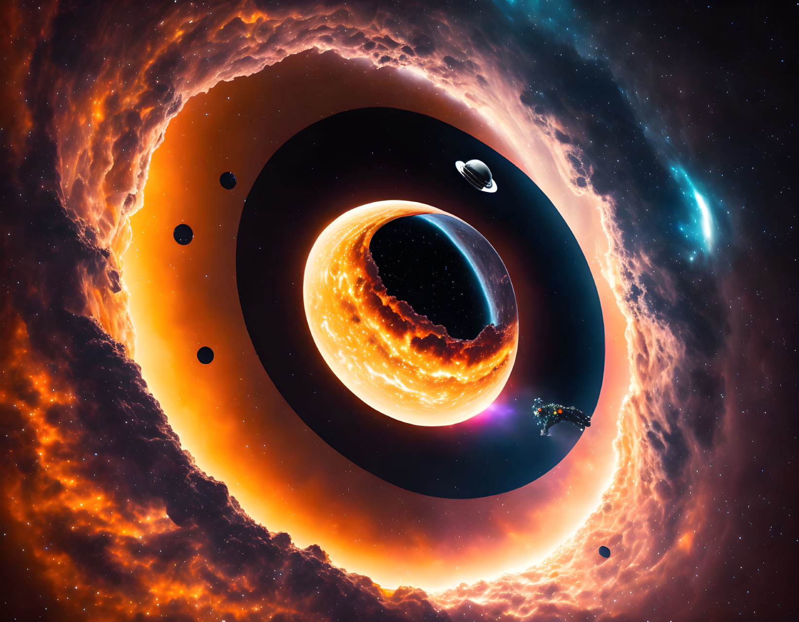 Cosmic scene featuring black hole, planets, fiery nebula, spaceship in starry space