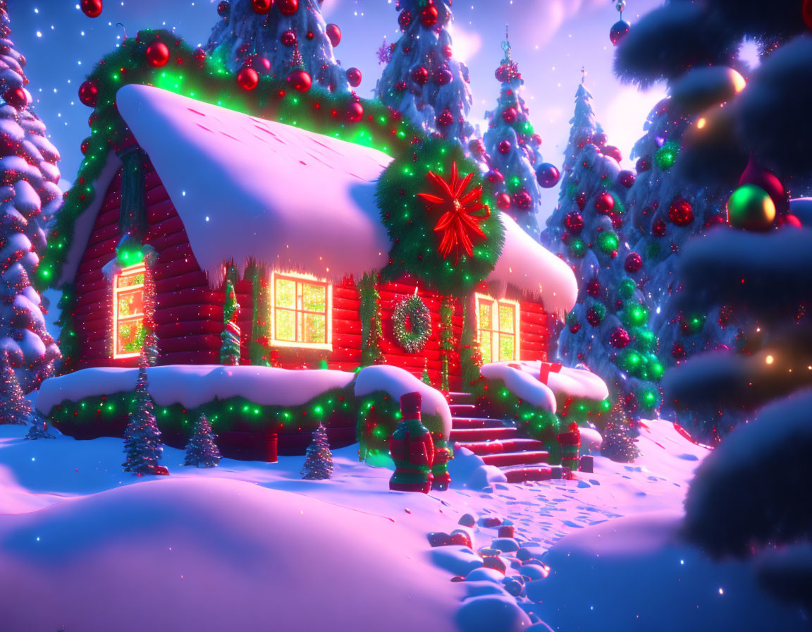 Snow-covered cabin with Christmas decorations and pine trees at twilight