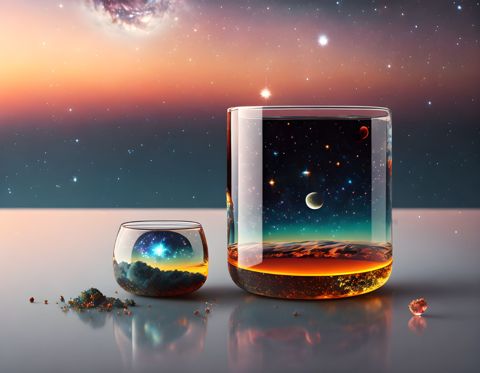 Two glasses with cosmic scenes filled with liquid.