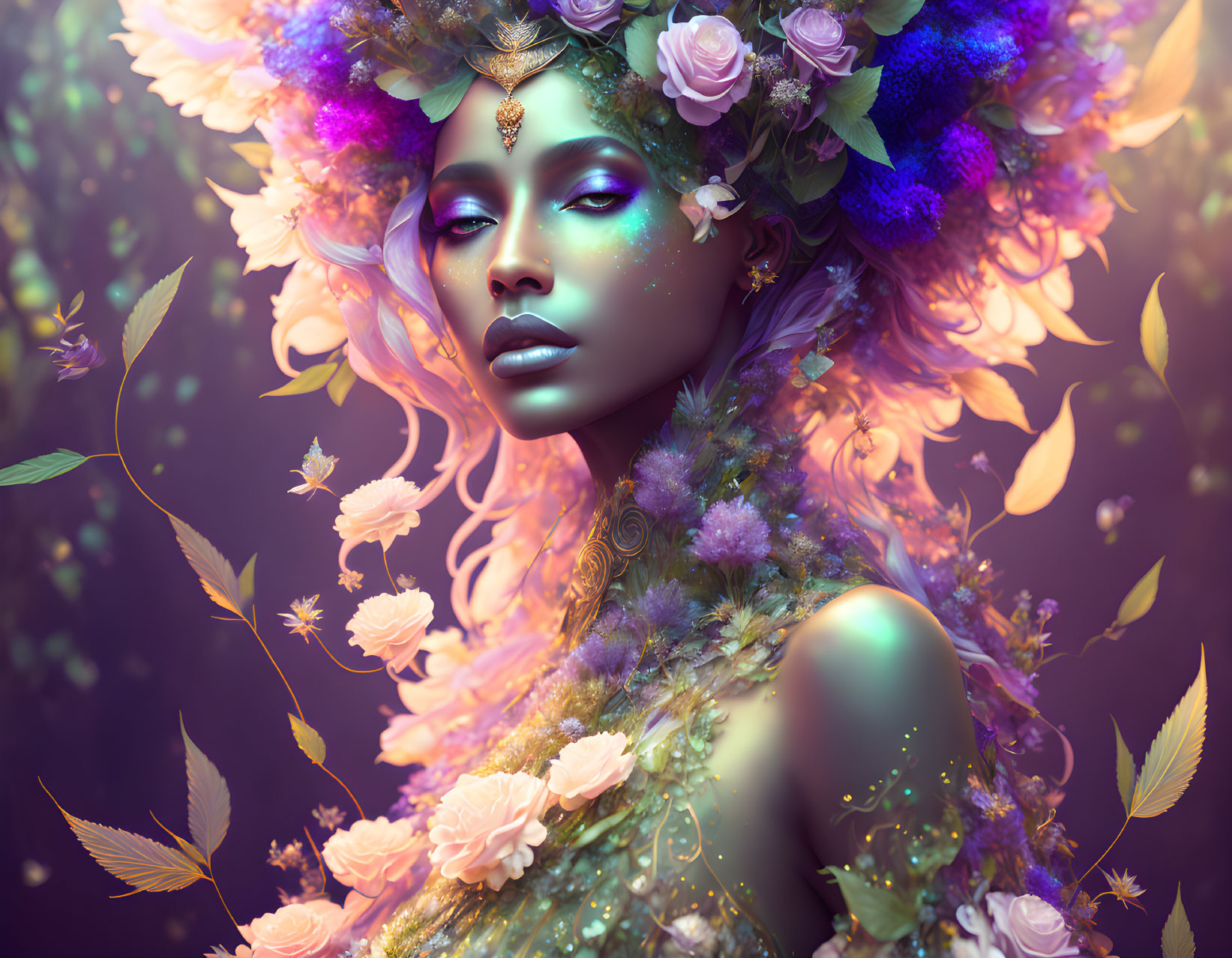 Fantasy portrait of a woman with purple skin and floral adornments