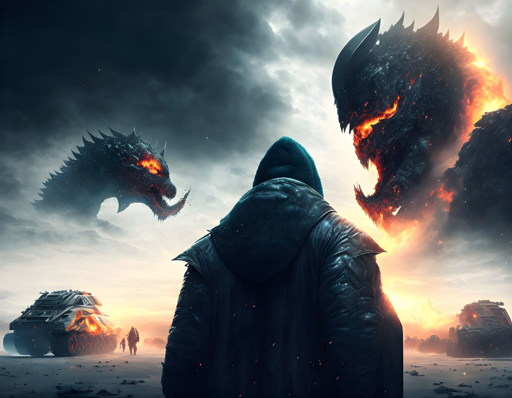 Person confronts colossal dragons in fiery, apocalyptic landscape