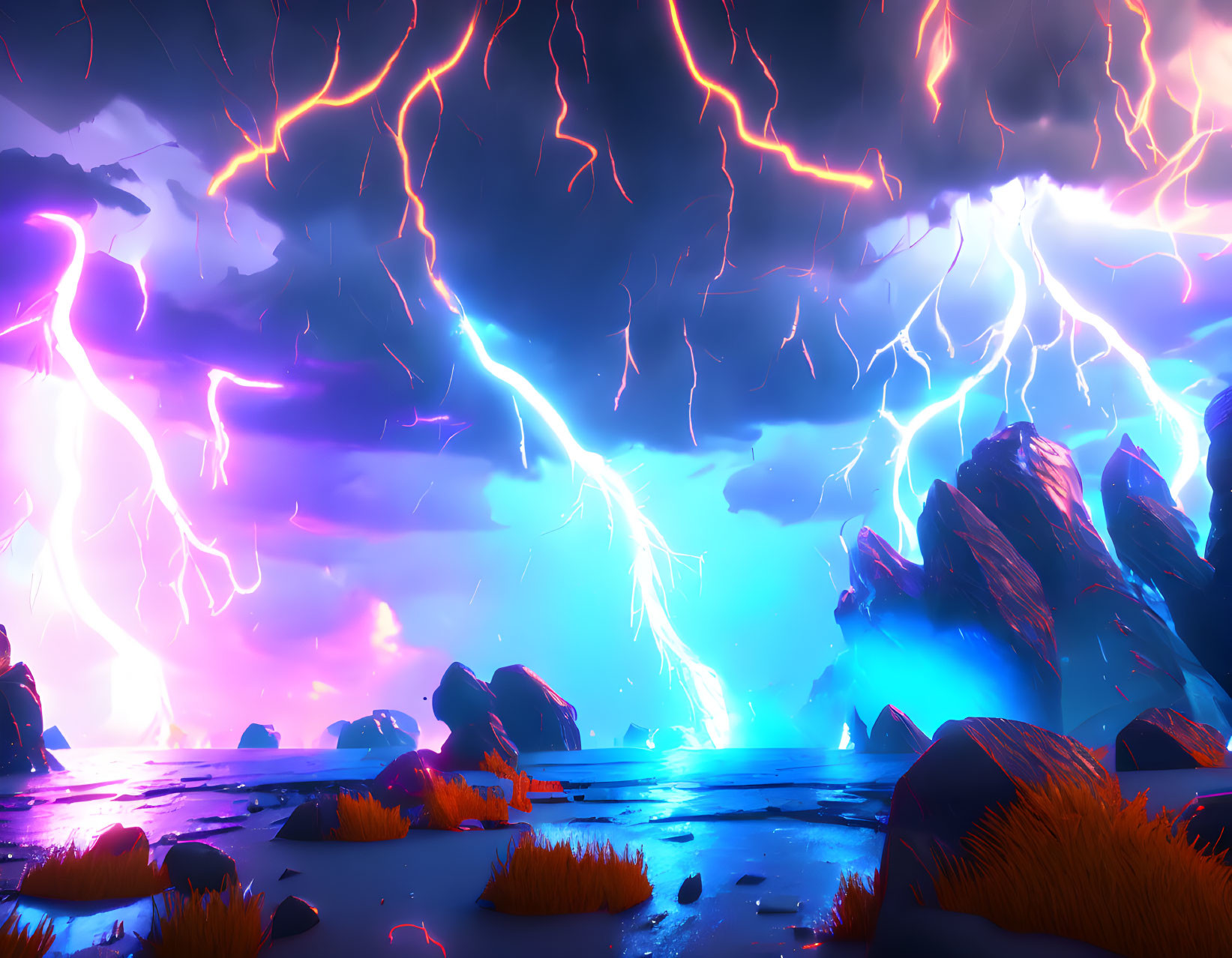 Vibrant digital artwork: Intense storm with lightning strikes, neon rocks, reflective water