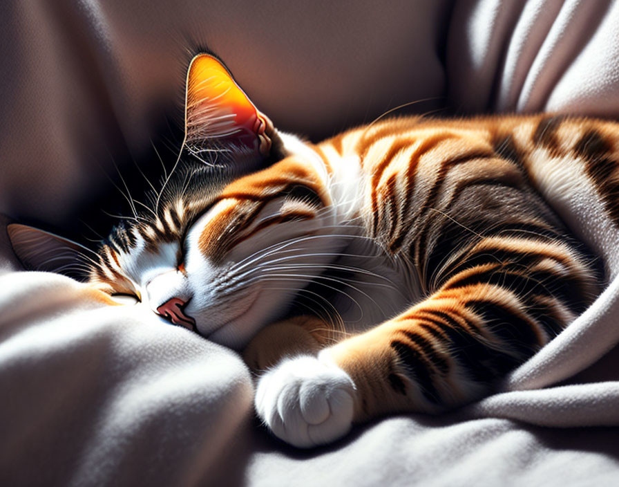 Tabby Cat Sleeping Peacefully on Soft Grey Blanket in Sunlight