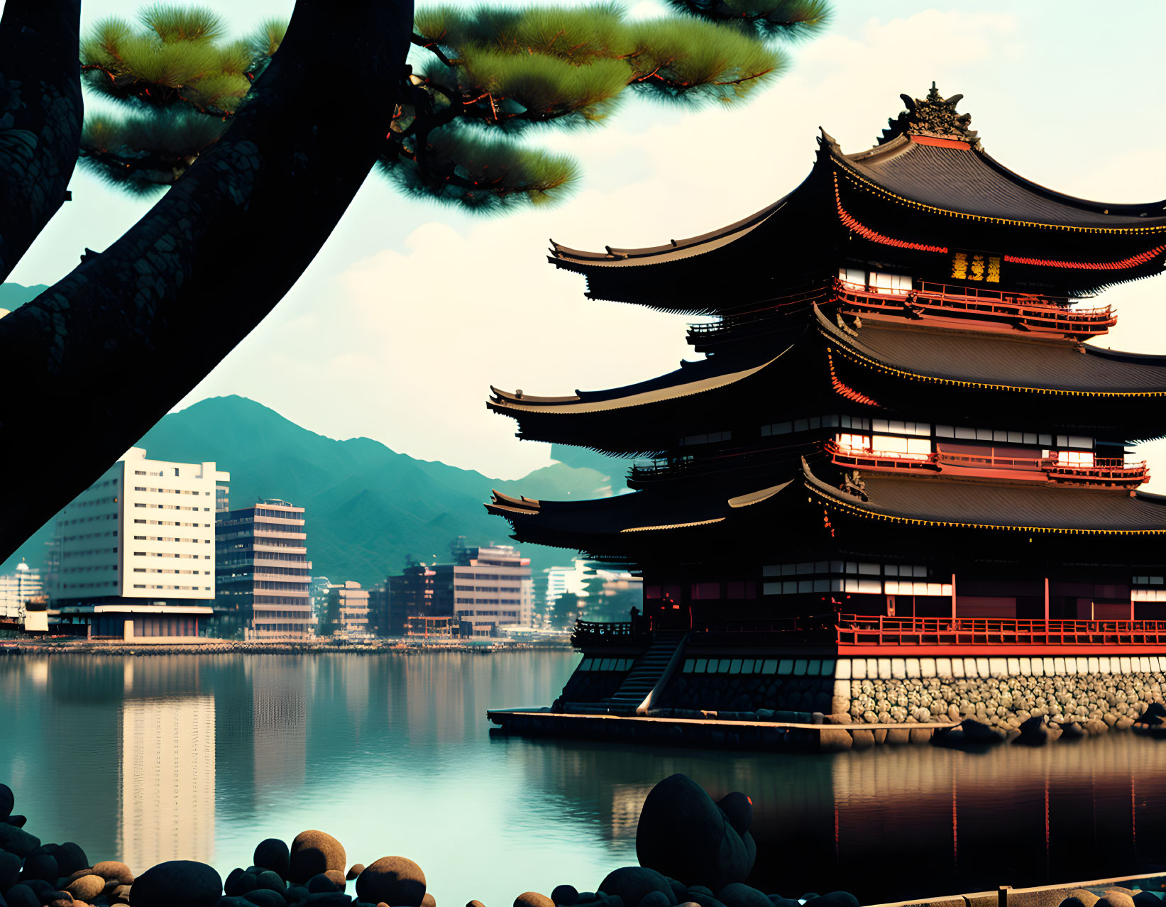 Japanese Pagoda by Lake with Modern Buildings in Background