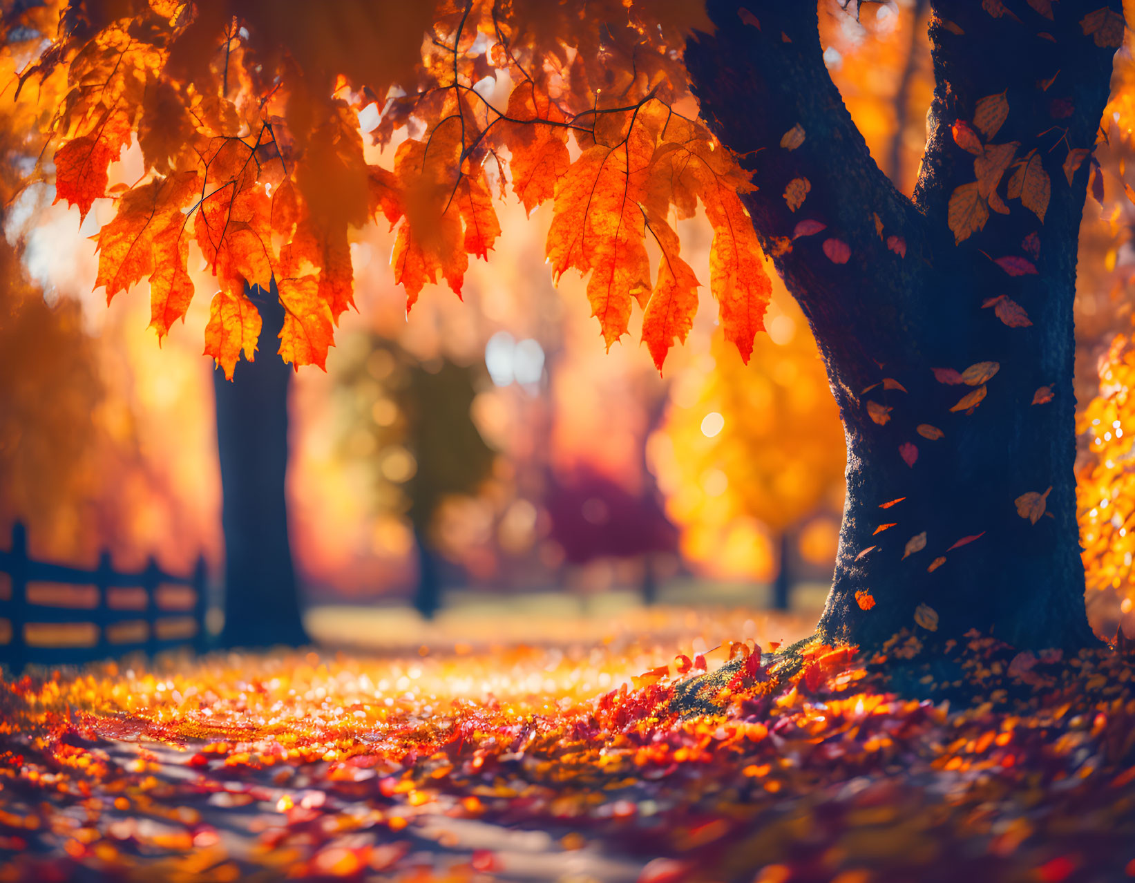 Colorful autumn leaves on tree and ground in warm sunlight