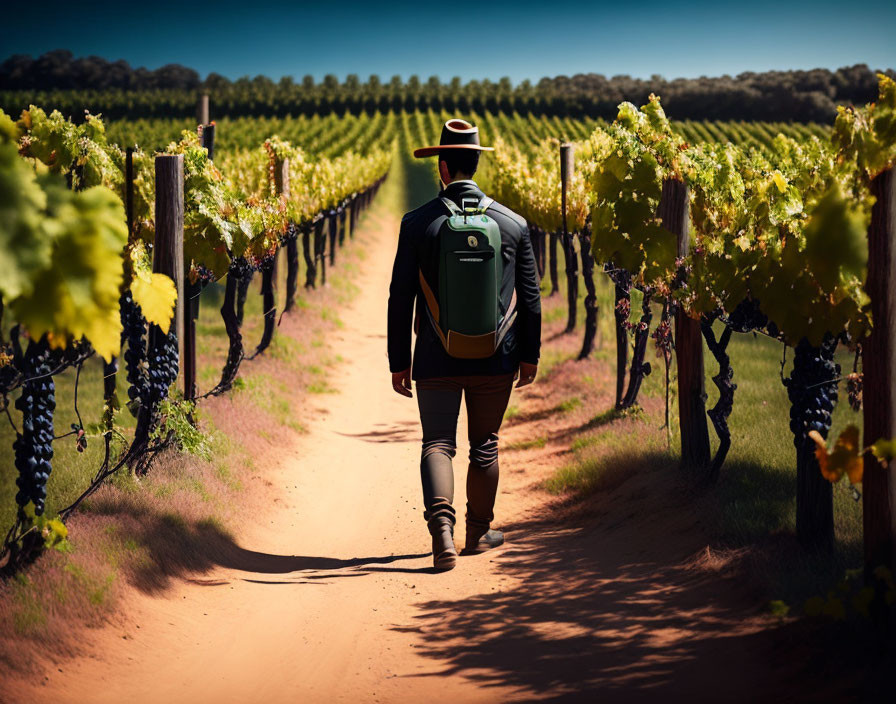 Person with Hat and Backpack Walking Among Grapevines on Sandy Path