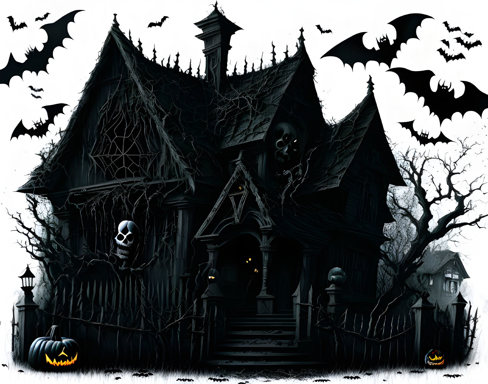 Spooky Halloween illustration of haunted house and bats