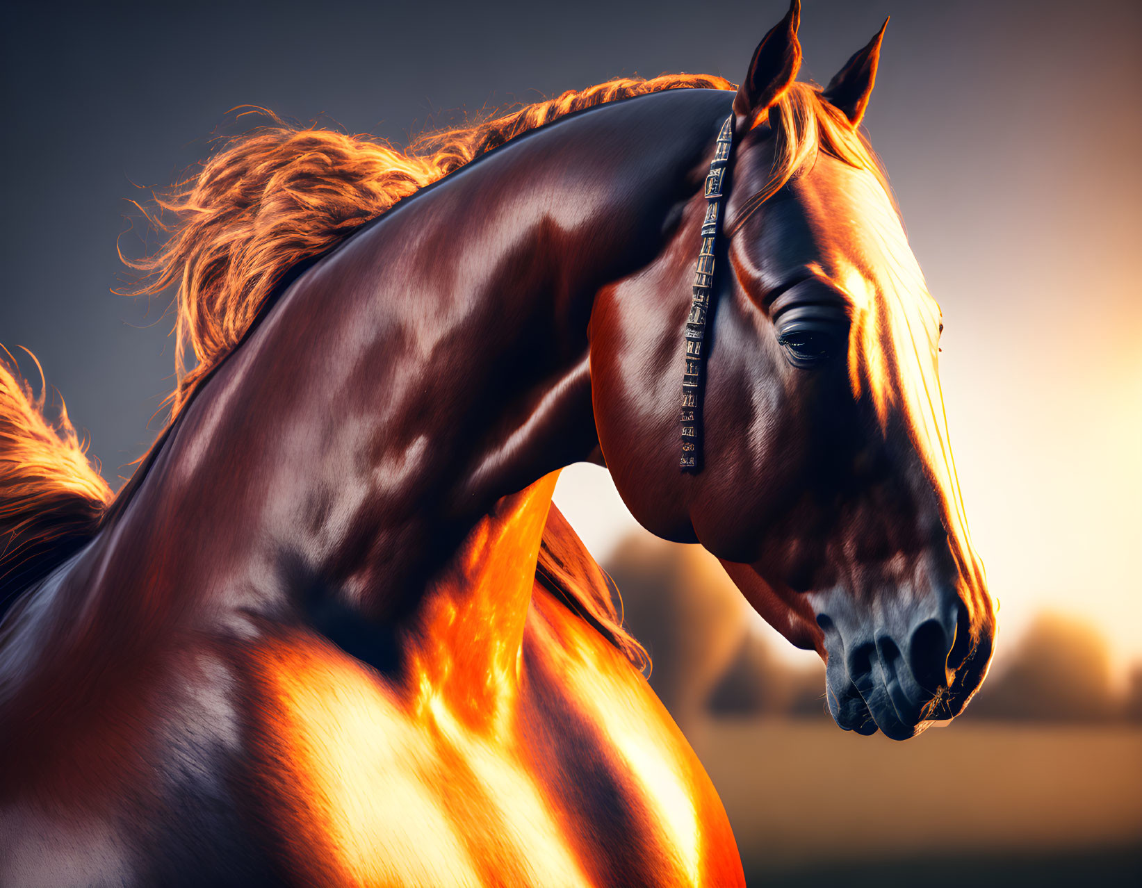 Chestnut horse with flowing mane in dramatic lighting