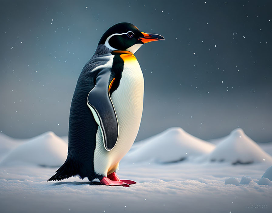 Solitary penguin in snowy landscape under starry sky