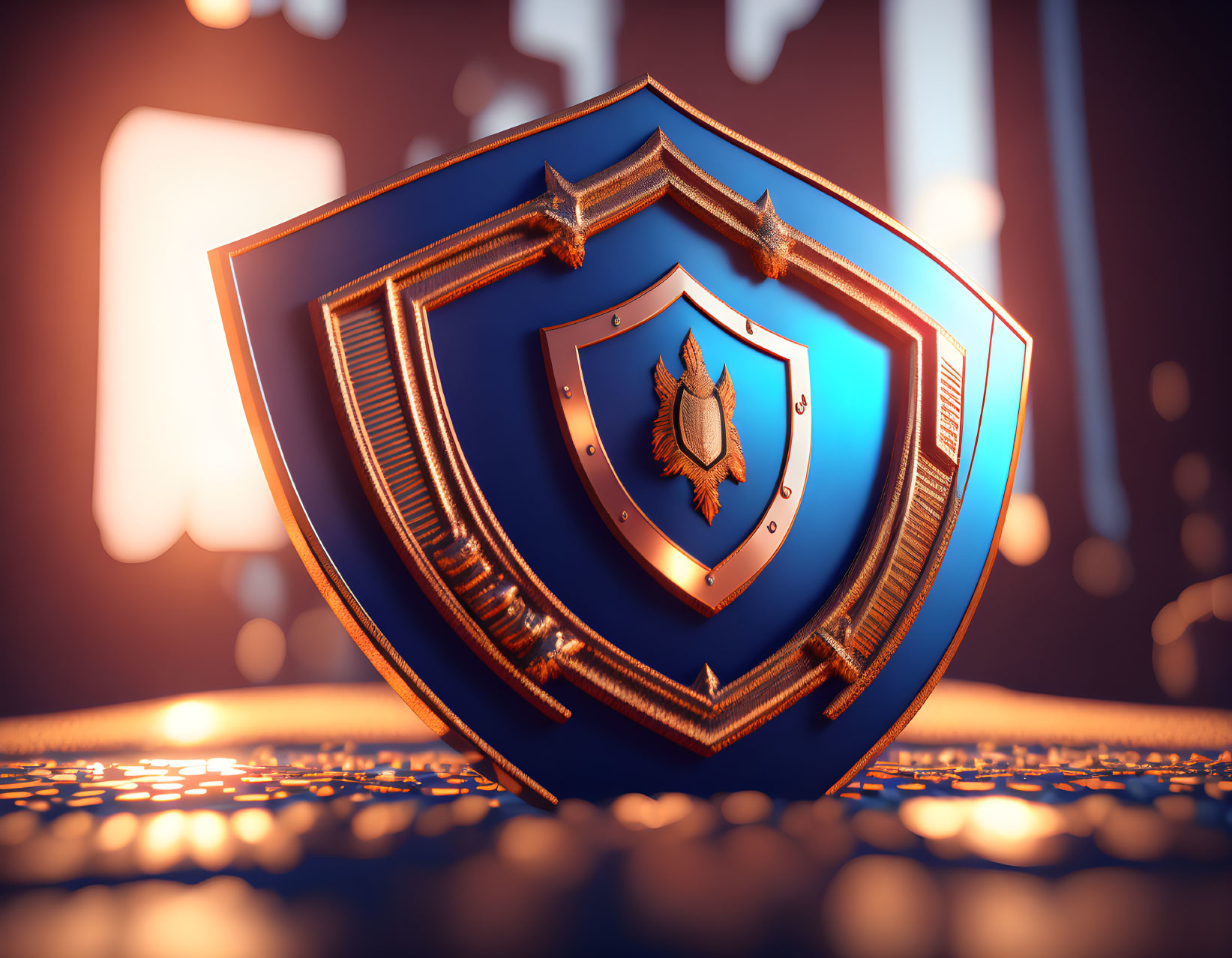 Glossy Blue and Gold Shield with Intricate Details on Bokeh Background