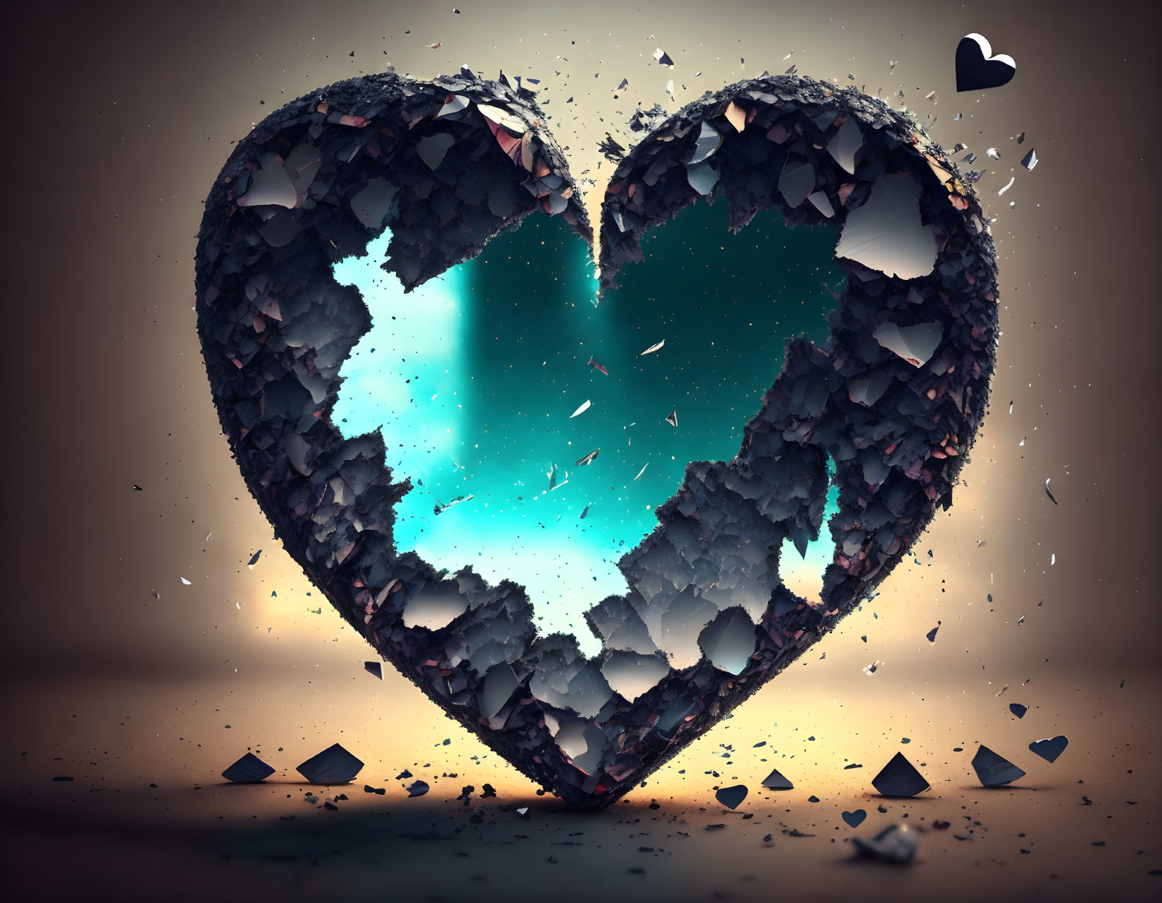 Cracked heart shape with turquoise light on beige background