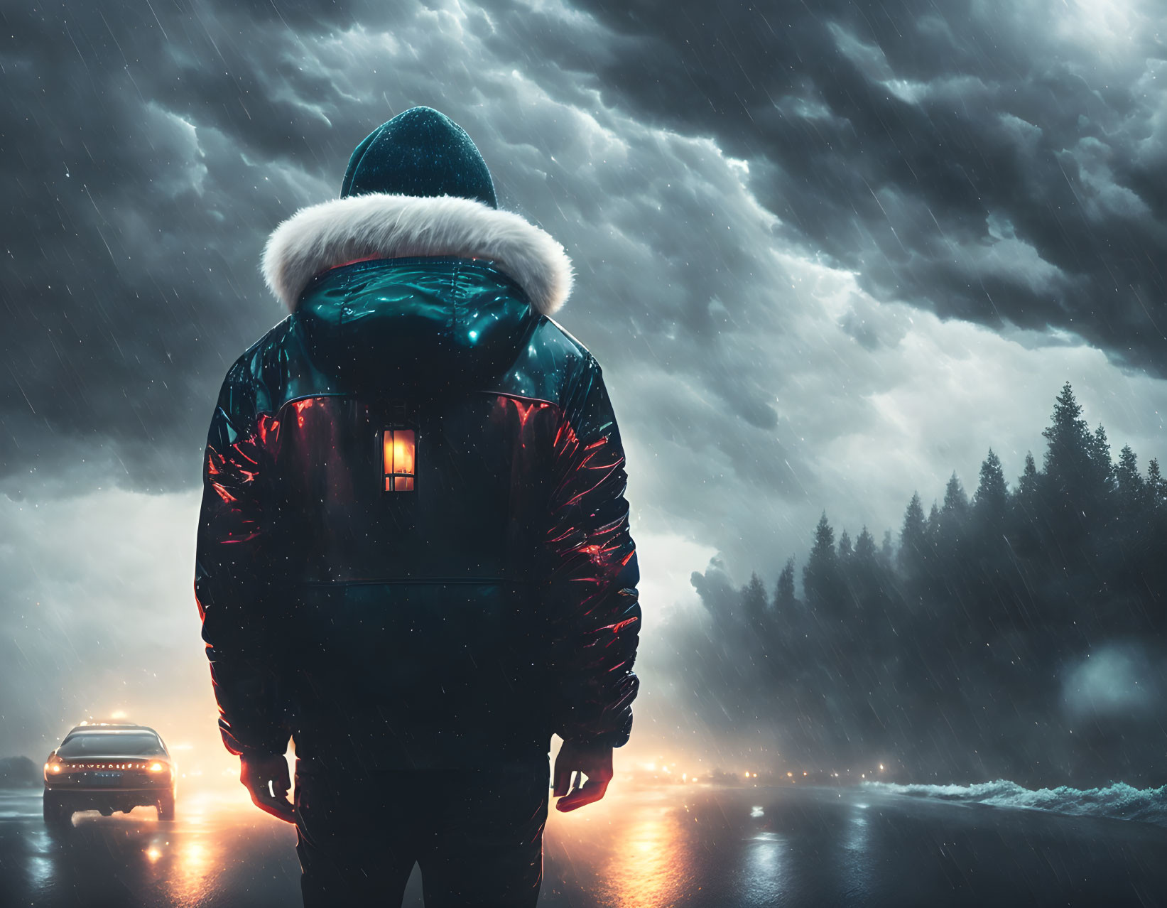 Person in hooded coat on wet road at night with car taillights and stormy sky