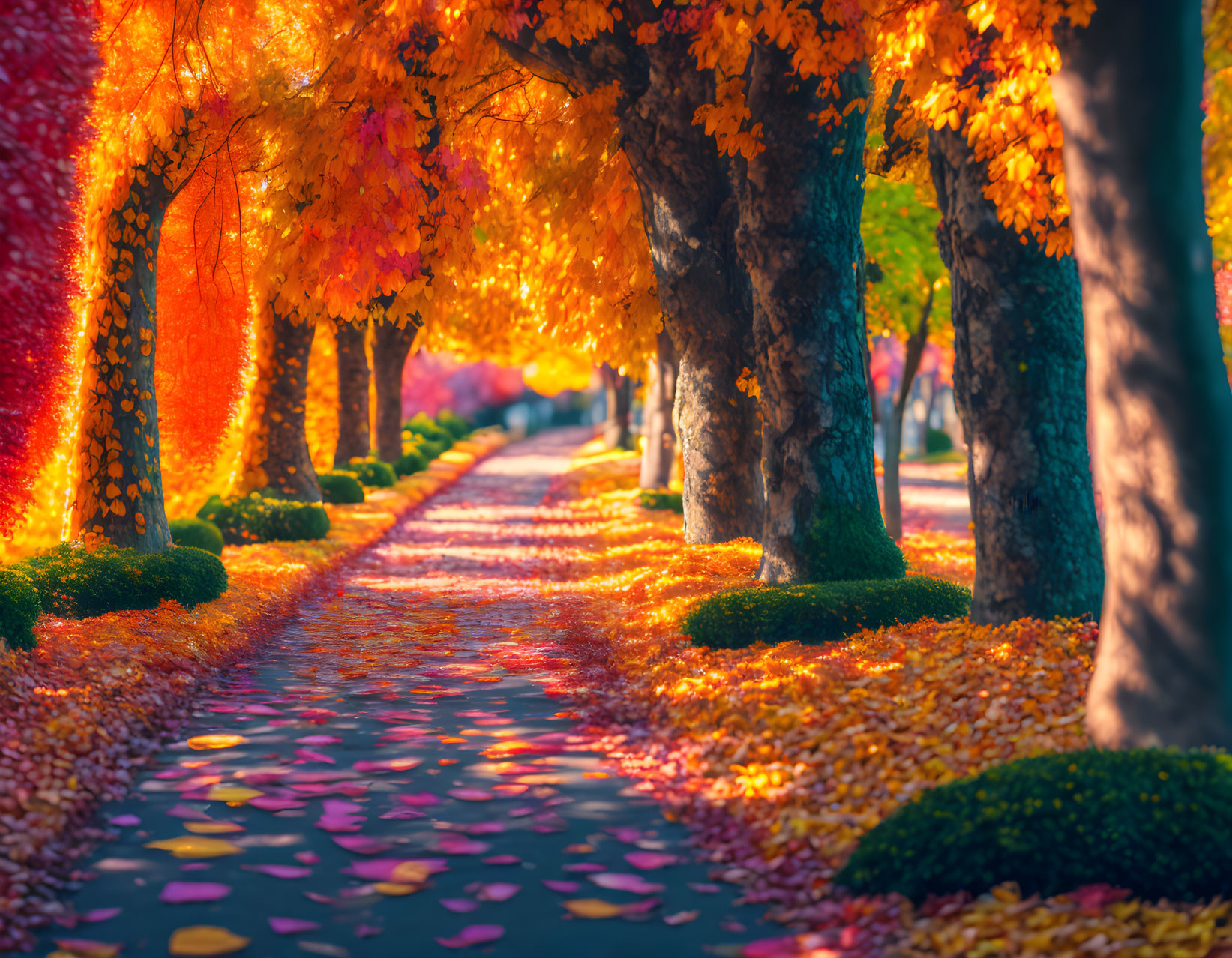 Golden-leaved trees on serene autumn path in morning sun