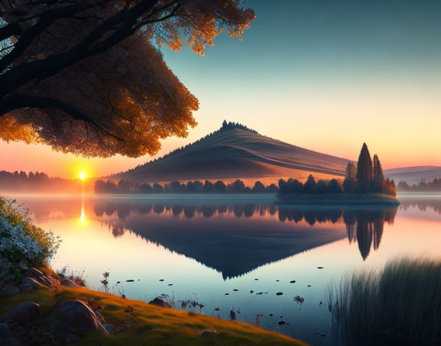 Tranquil sunrise over calm lake with hill and trees in silhouette