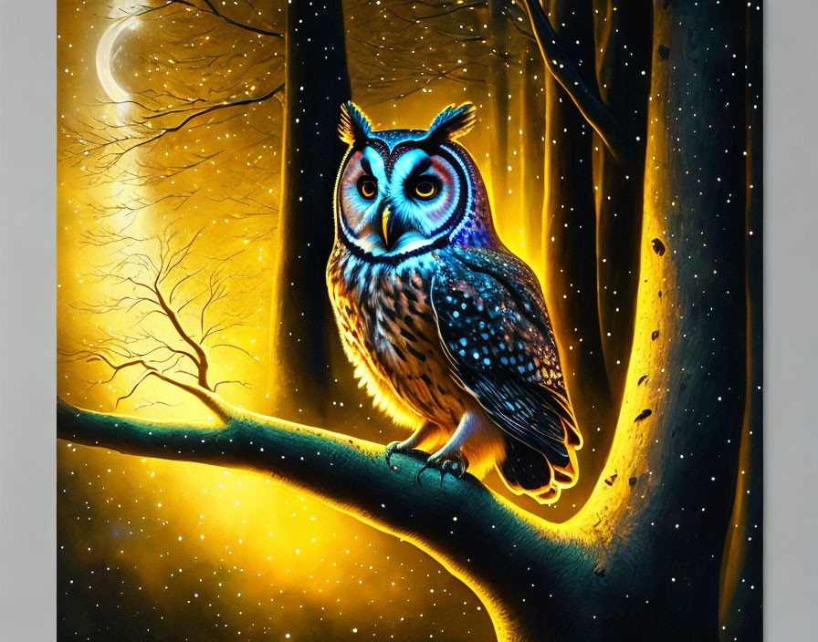 Colorful Owl Illustration on Branch in Nighttime Scene