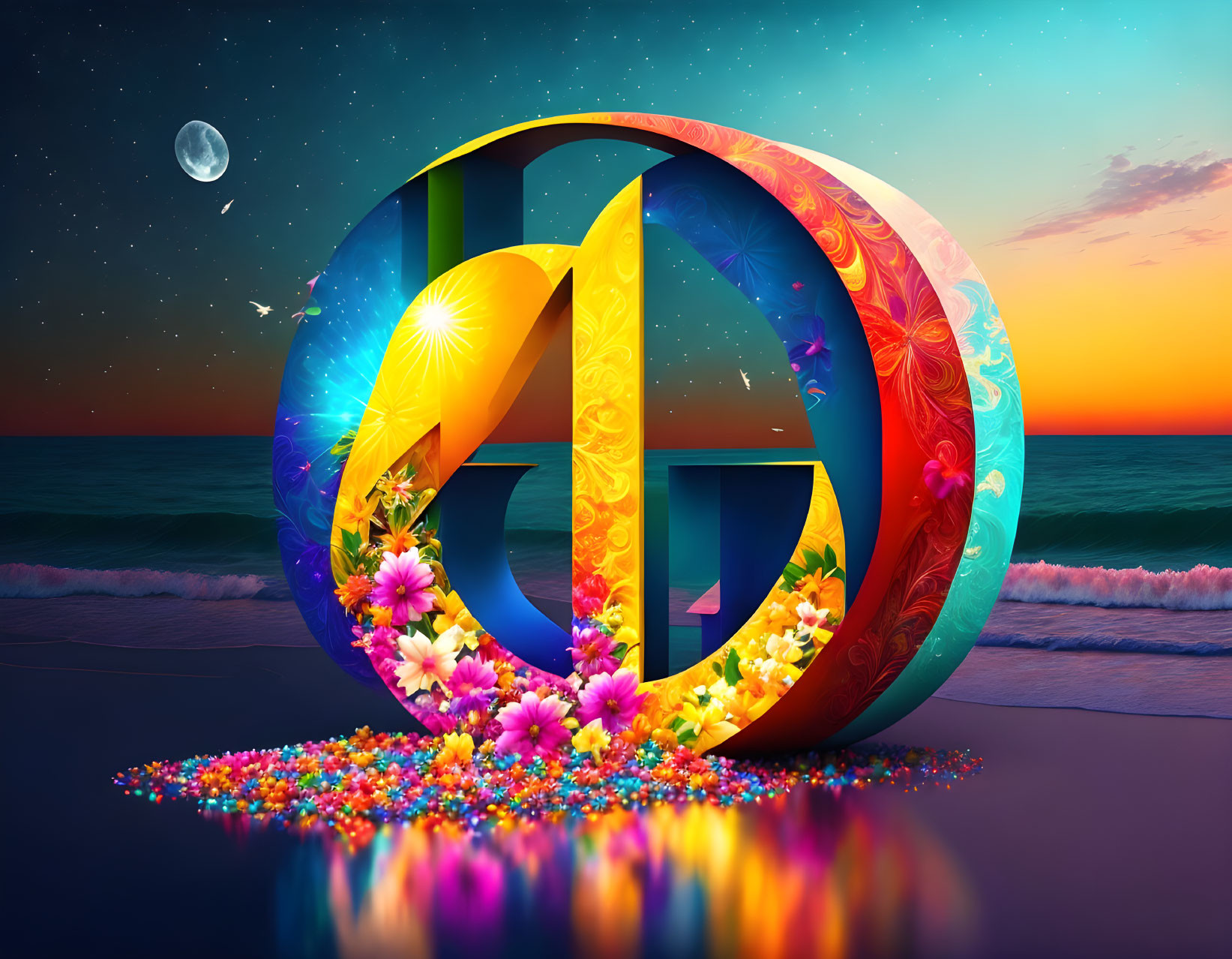 Peace symbol with floral design on beach at sunset with moon and stars