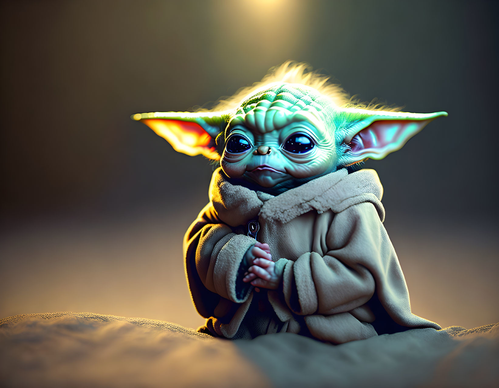 Detailed Baby Yoda Illustration in Brown Cloak with Expressive Eyes