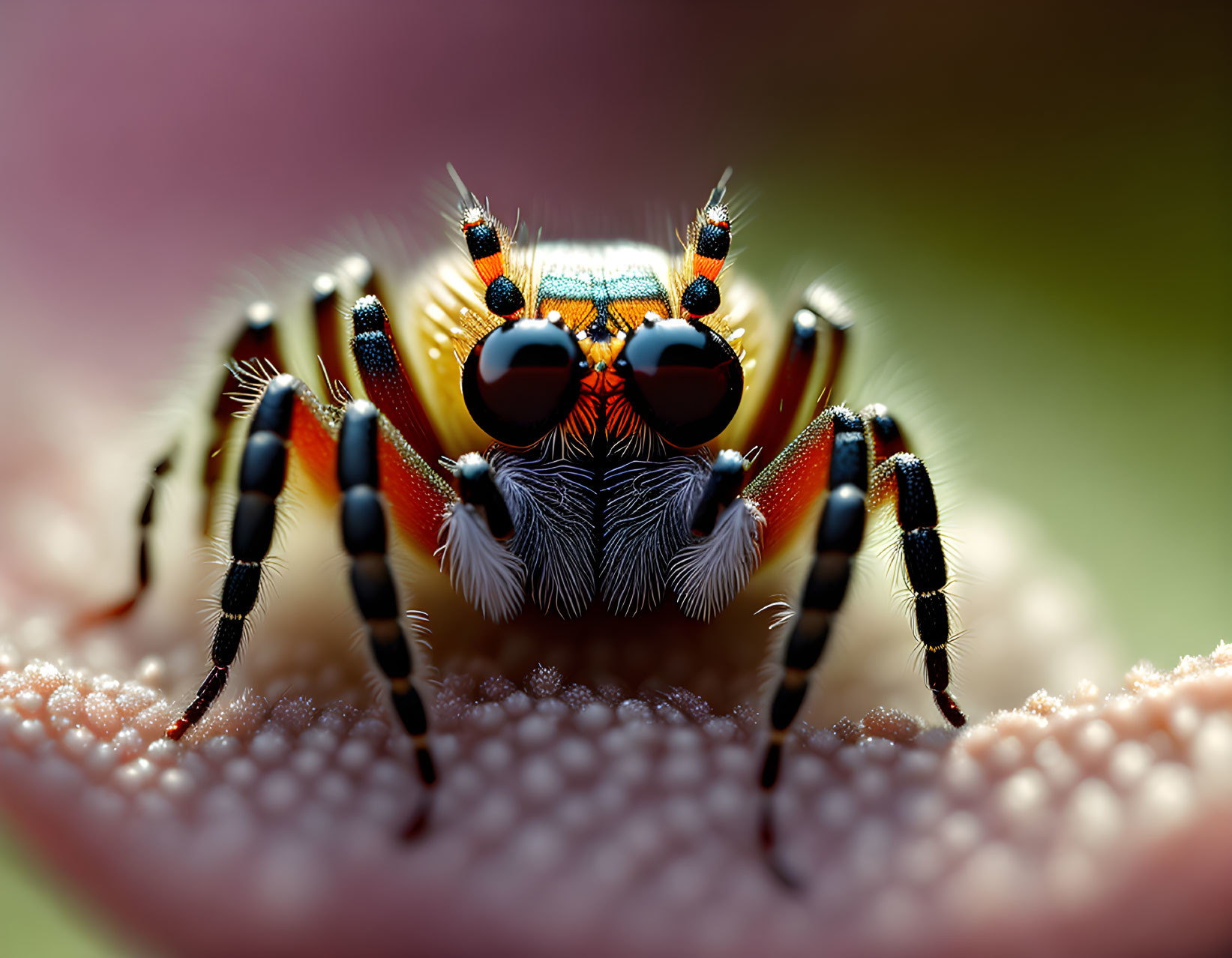 Vibrant Jumping Spider with Orange Eyes on Dewy Pink Surface