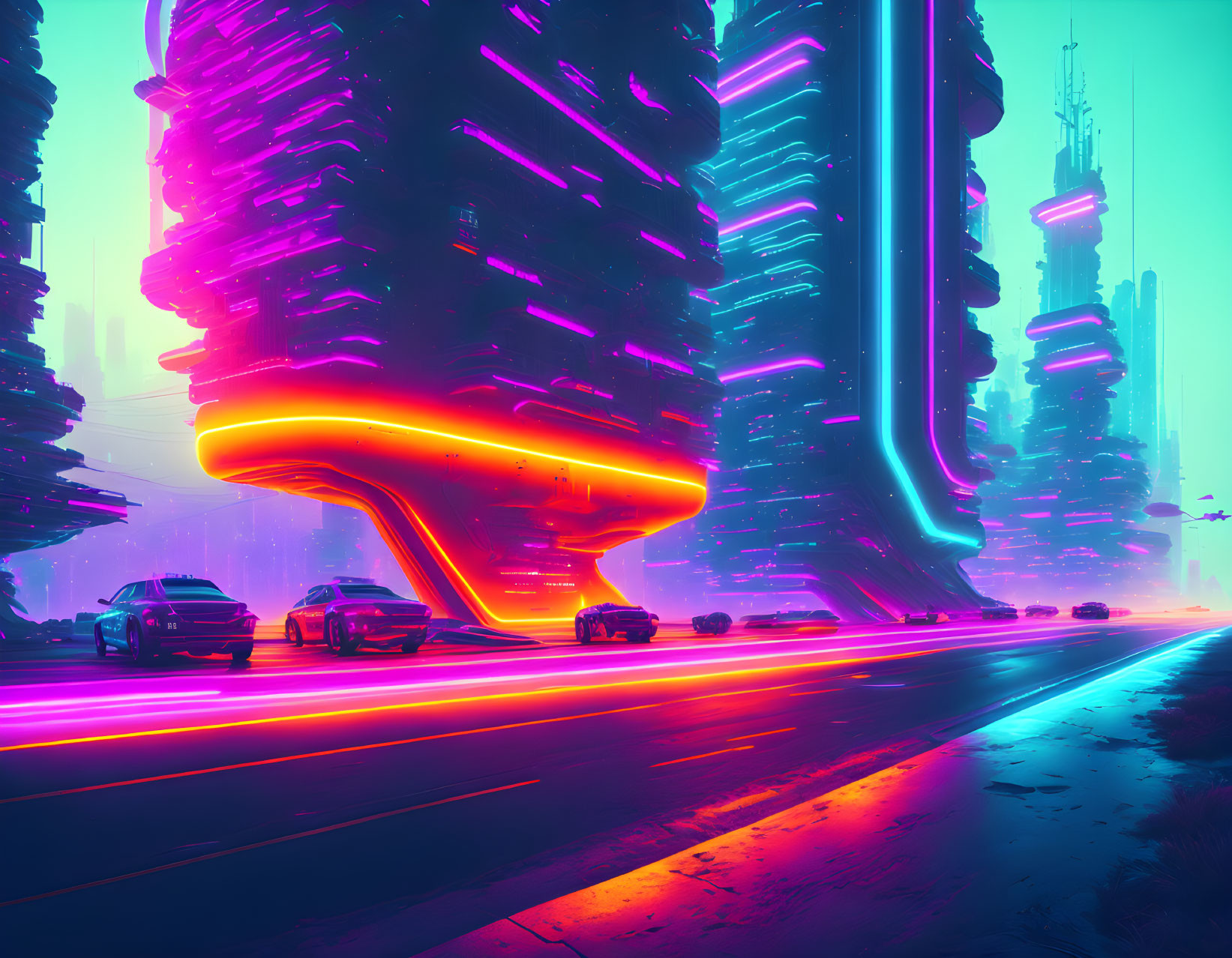 Neon-lit futuristic cityscape with spiraling skyscrapers and glowing roads