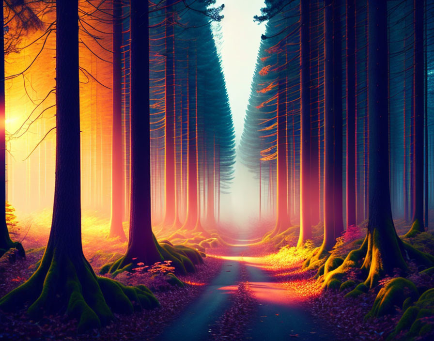 Mystical forest path with tall trees and vibrant colors in a misty atmosphere