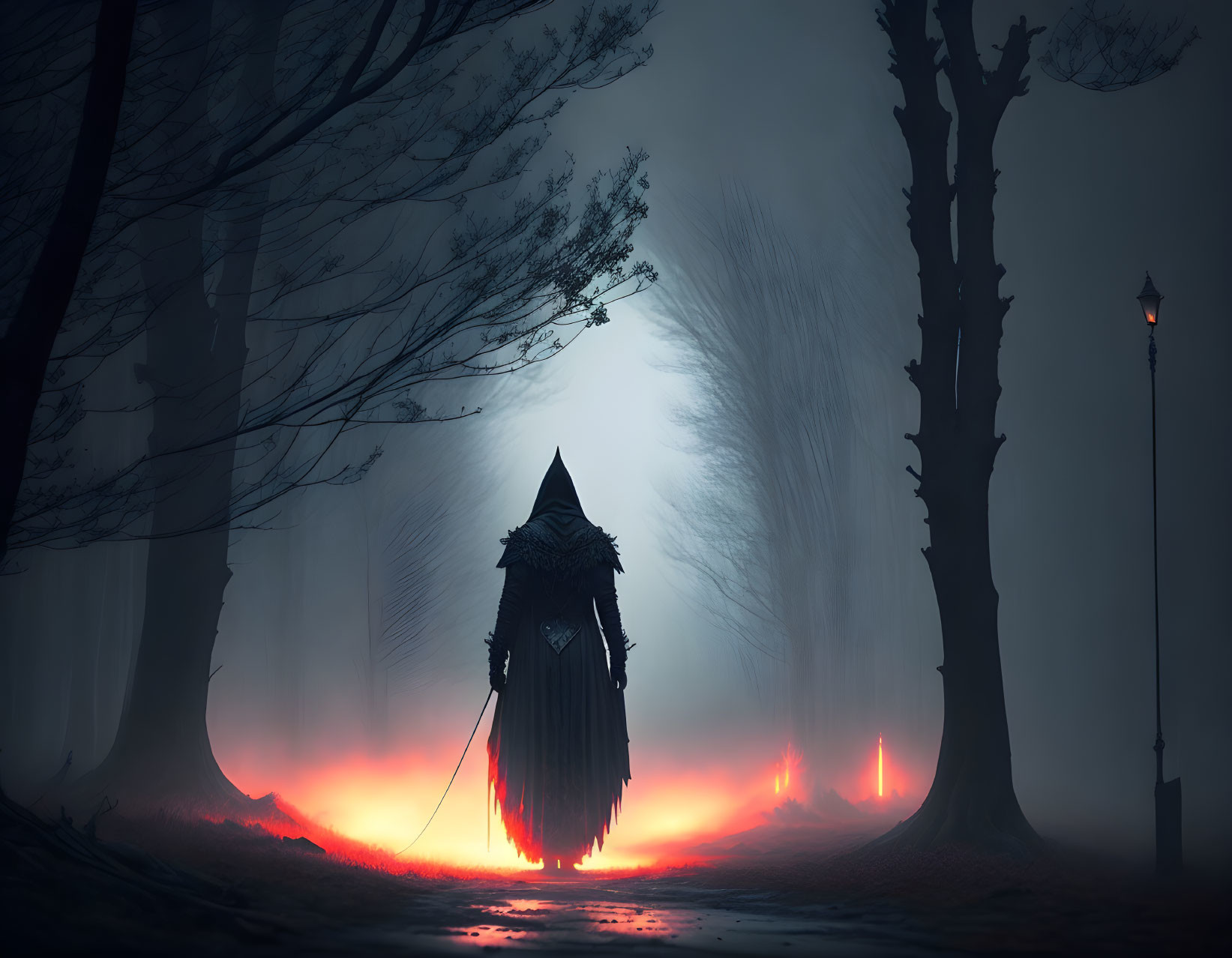 Mysterious cloaked figure on foggy path with red underglow