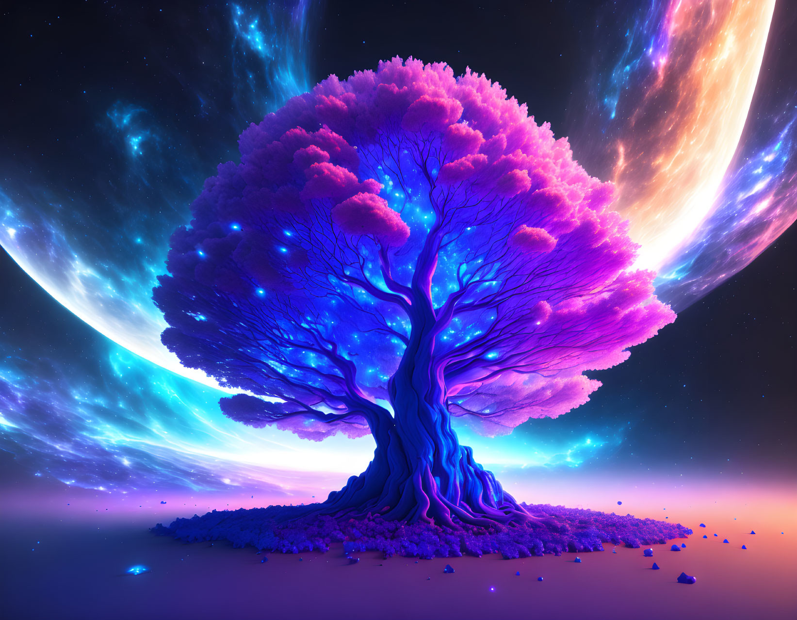 Majestic purple tree in surreal cosmic landscape