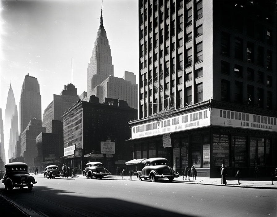 Vintage city street with old cars and Empire State Building in black and white.