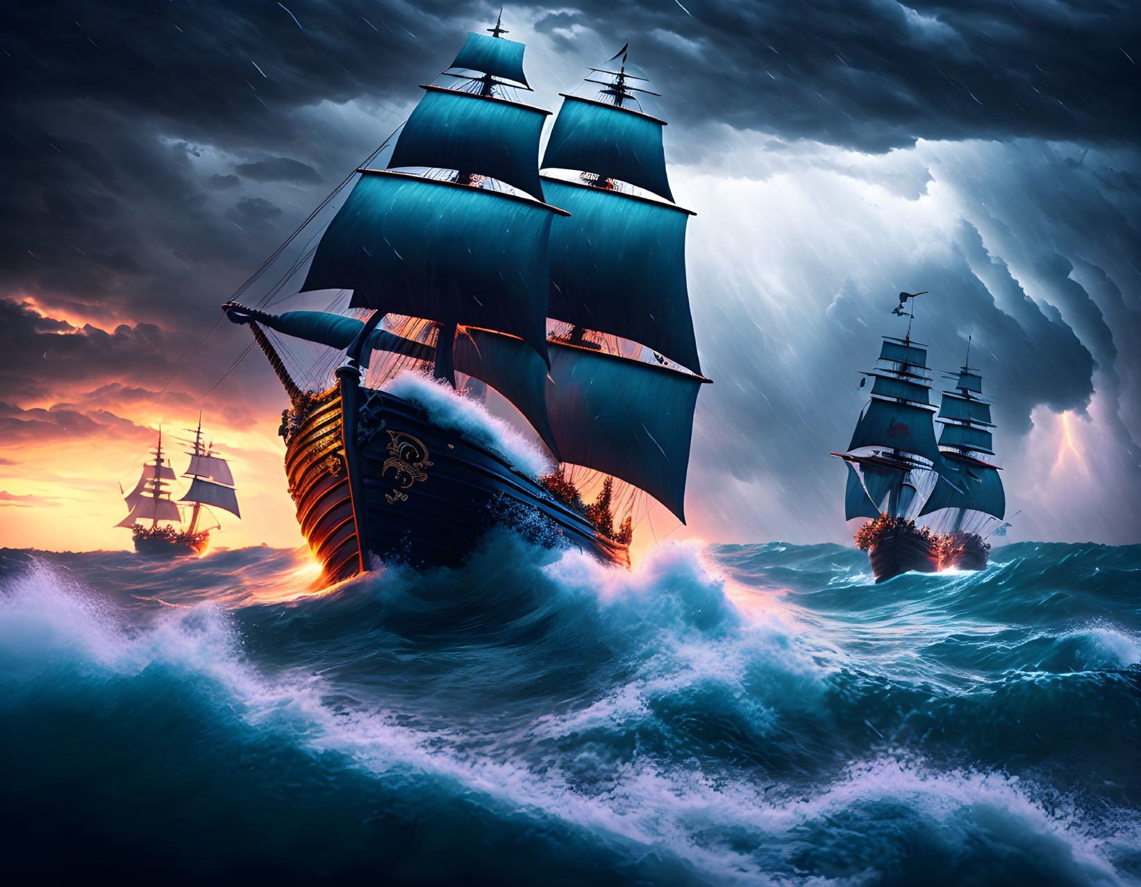 Three tall ships on turbulent seas under dramatic sky and sunset glimpse