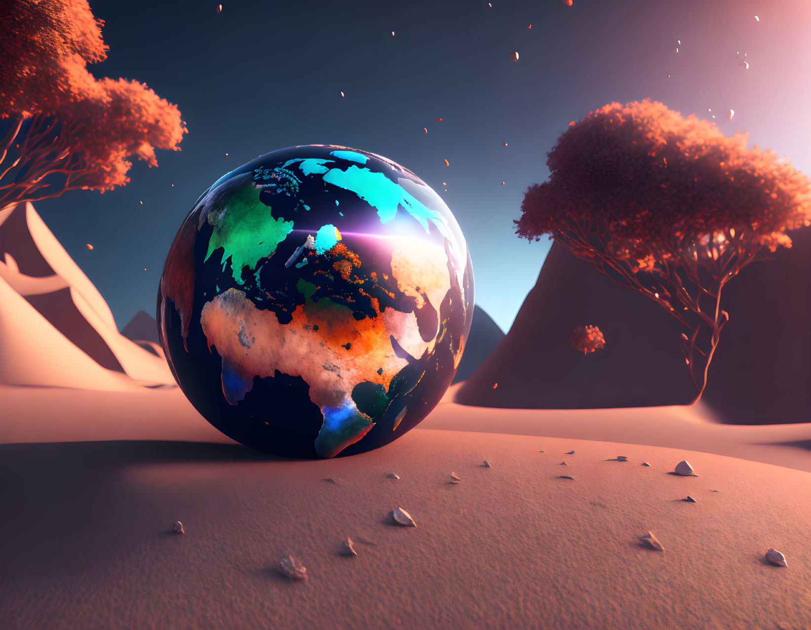 Surreal landscape with glossy Earth globe, colorful trees, sand, and floating rocks