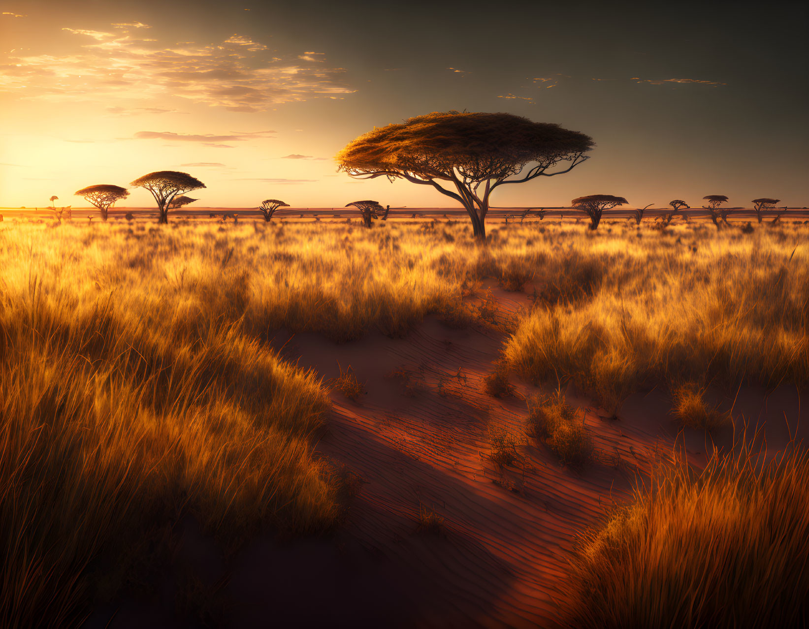 African savanna under golden sunlight and acacia trees