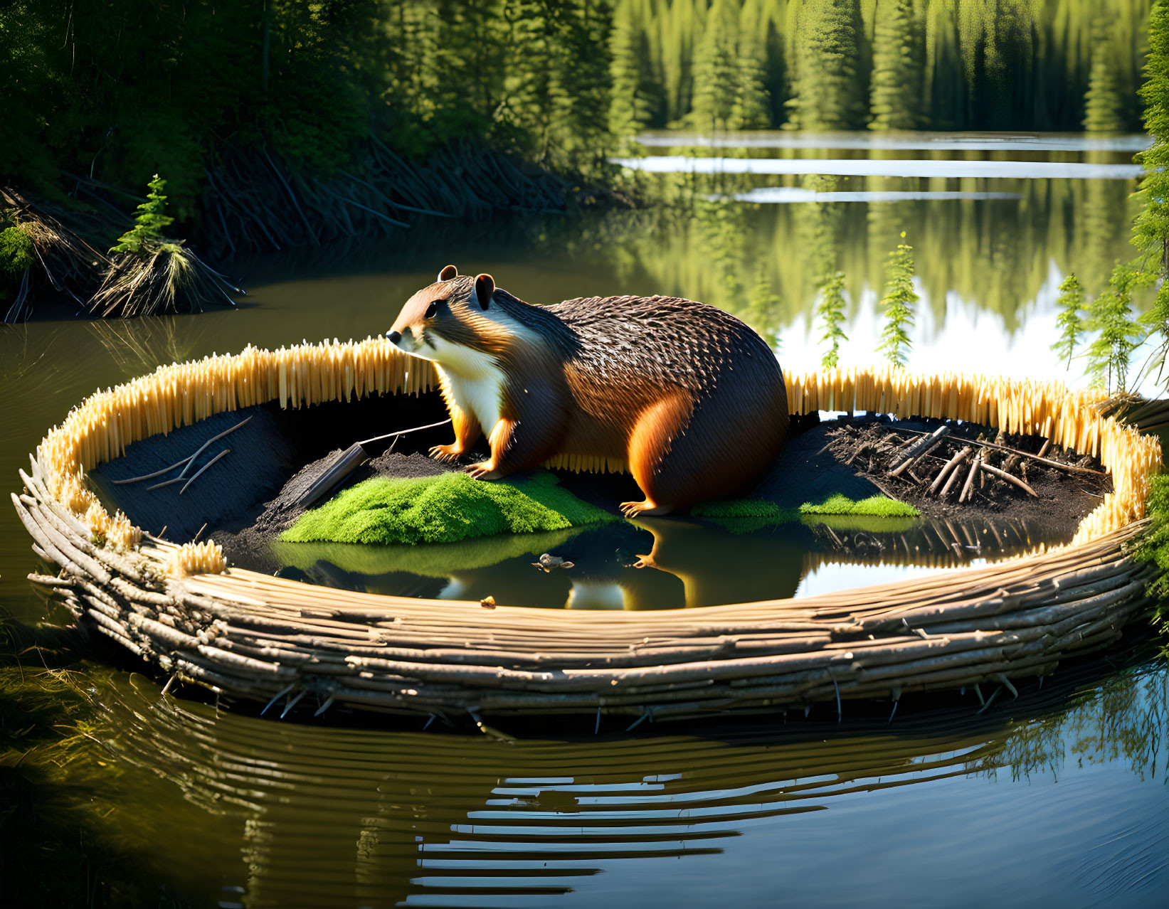 Giant beaver building dam in serene forest lake