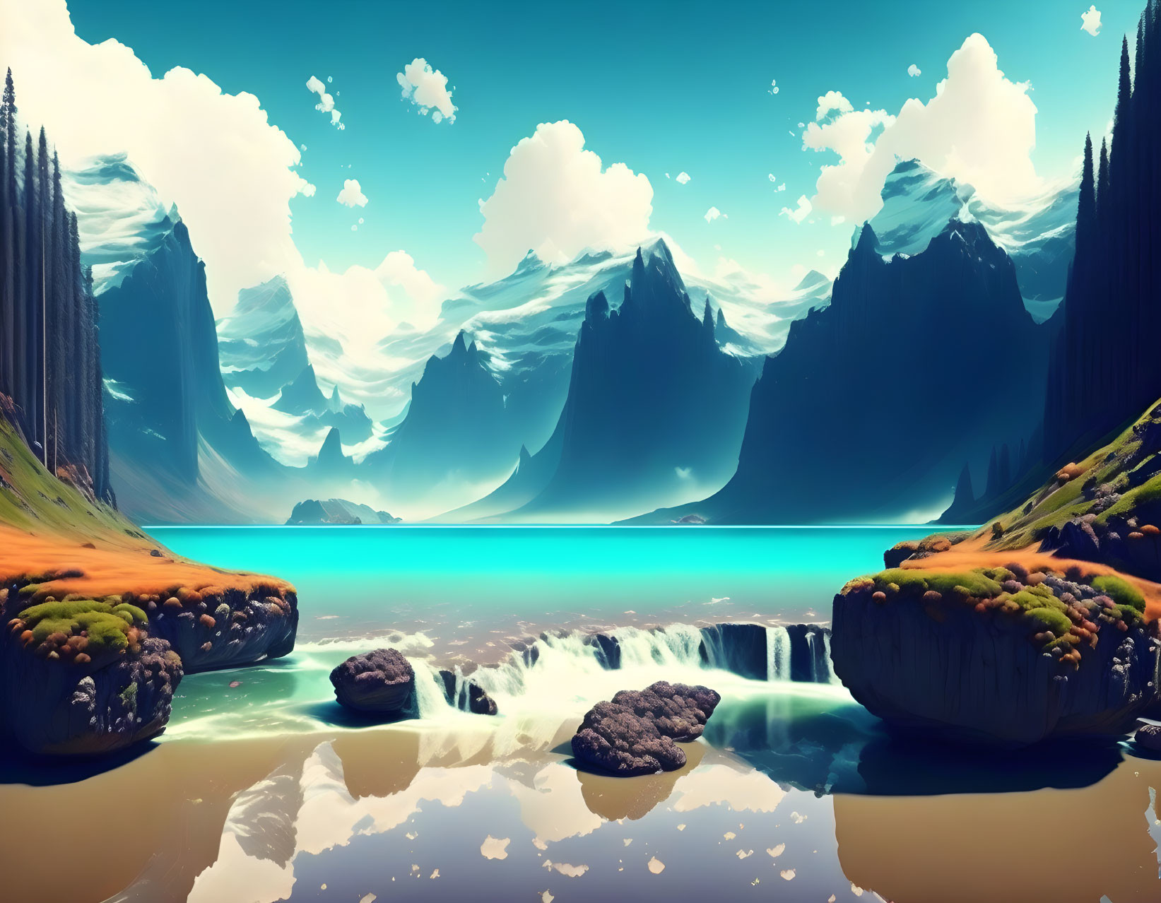 Digital artwork: Majestic mountain range, waterfall, blue lake, cloudy sky