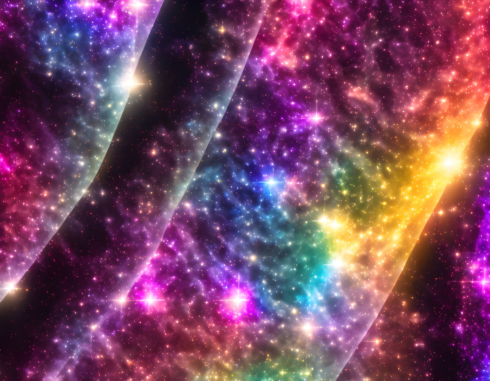 Multicolored nebula with stars and dark curved lines