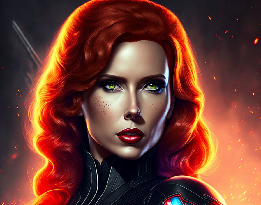 Vibrant red-haired woman in black suit with embers and sword in background