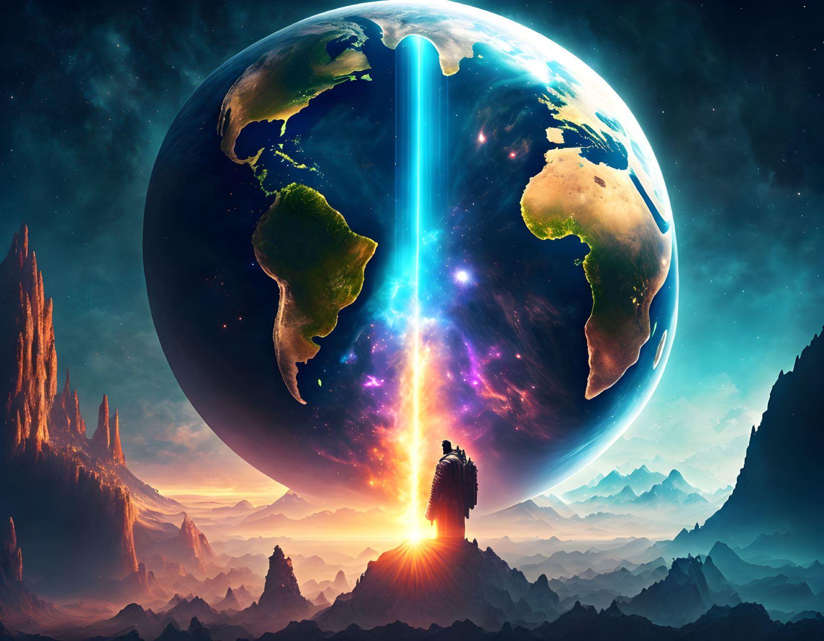 Surreal artwork: person on mountaintop gazes at glowing Earth