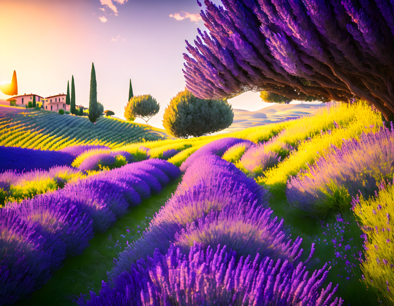 Lavender Fields and Sunset Over Cypress Trees in Tranquil Landscape