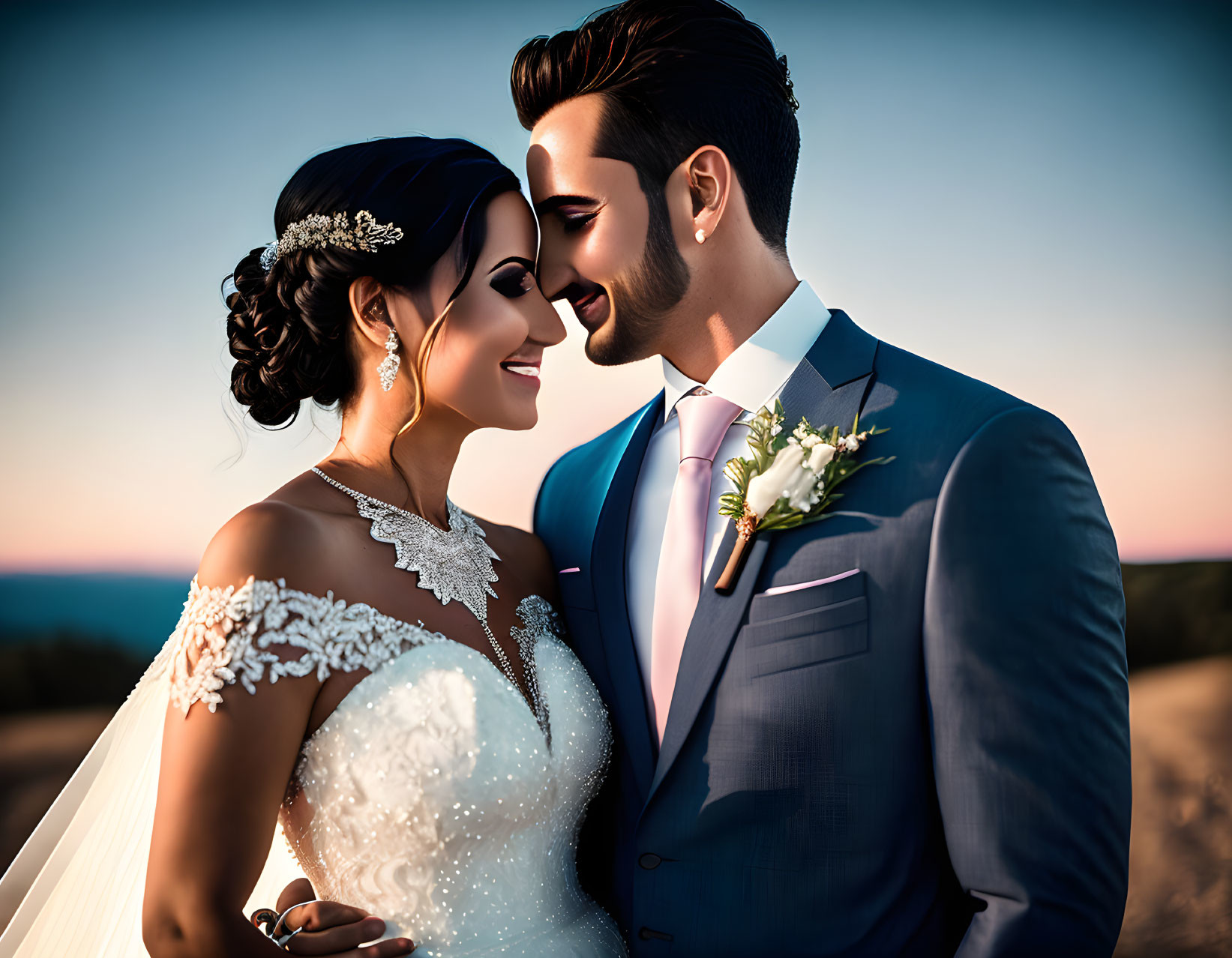 Stylized bride and groom embrace against dusk sky