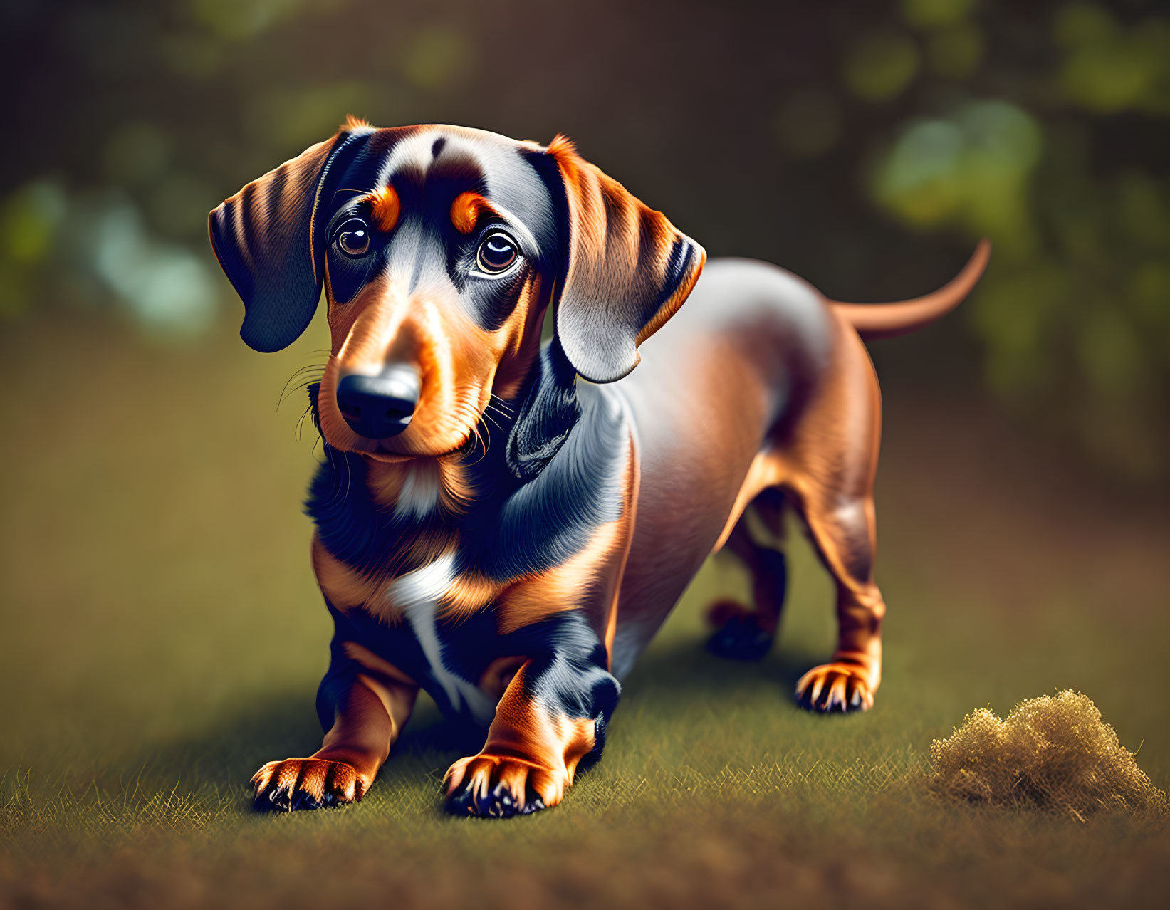 Shiny black and tan dachshund puppy on grassy background