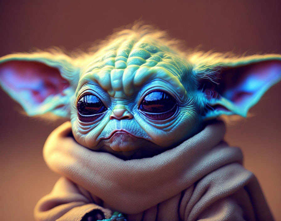 Digital artwork featuring baby Yoda-like character with large eyes and ears in cloth, against brown background