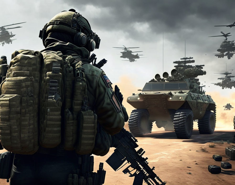 Soldier in combat gear observes tanks and helicopters on dusty battlefield