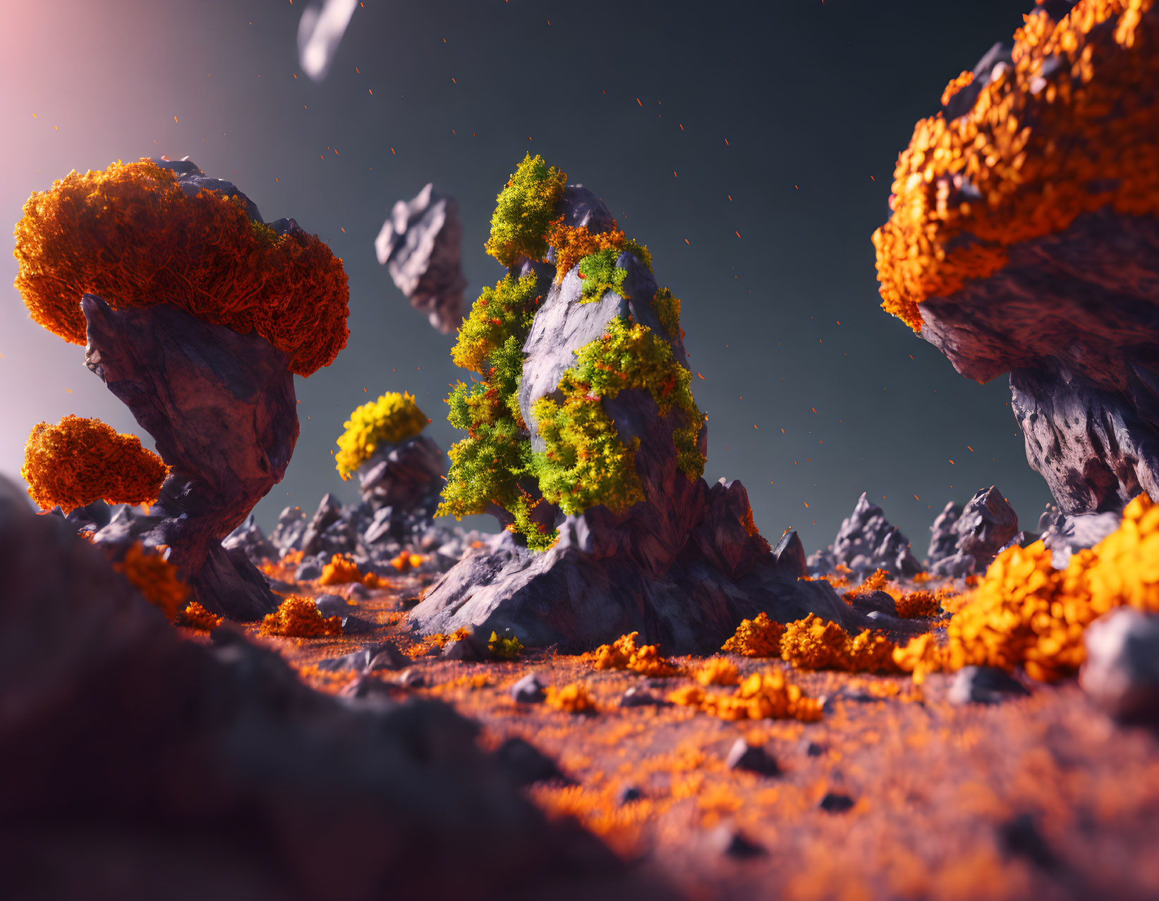 Extraterrestrial landscape with orange foliage, floating rocks, and reddish sky